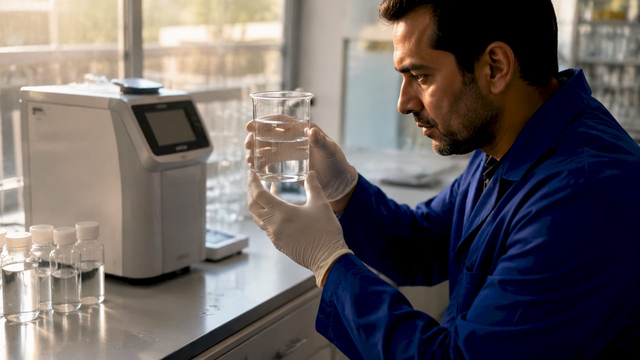 Hands holding beaker of ultrapure laboratory water