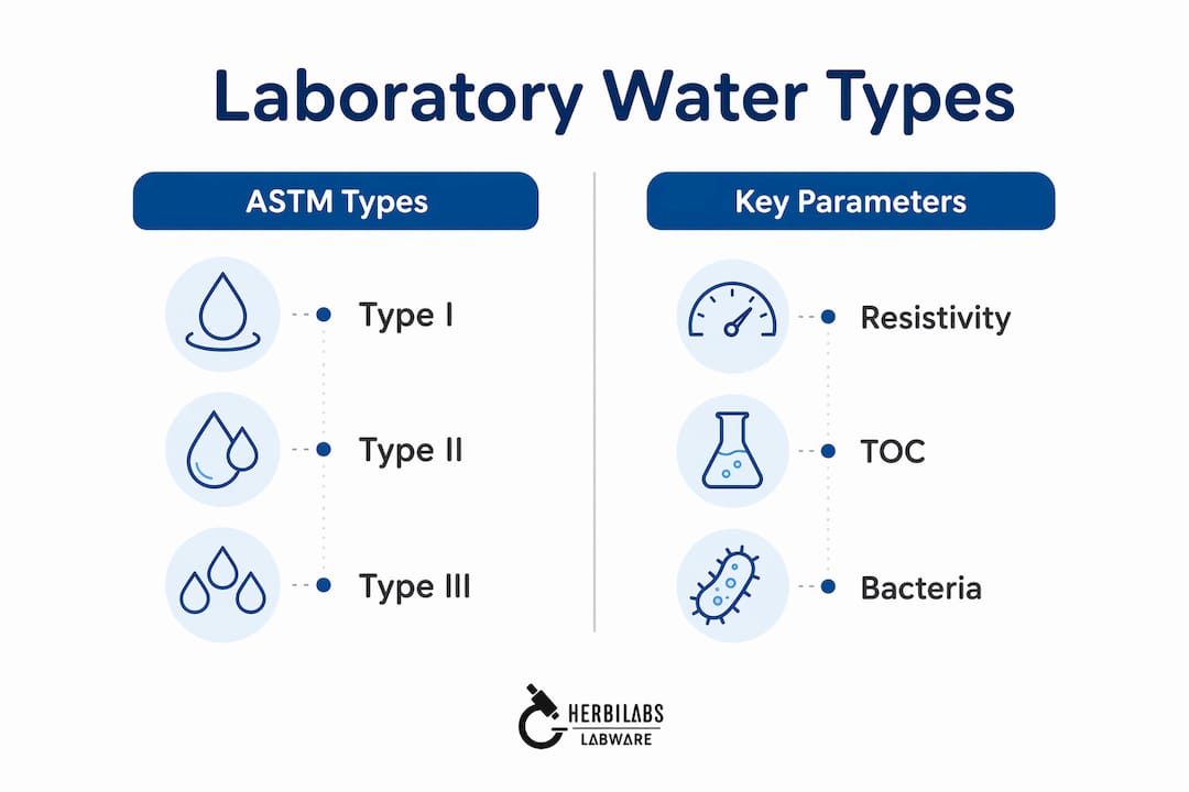 Infographic comparing ASTM water types and key parameters