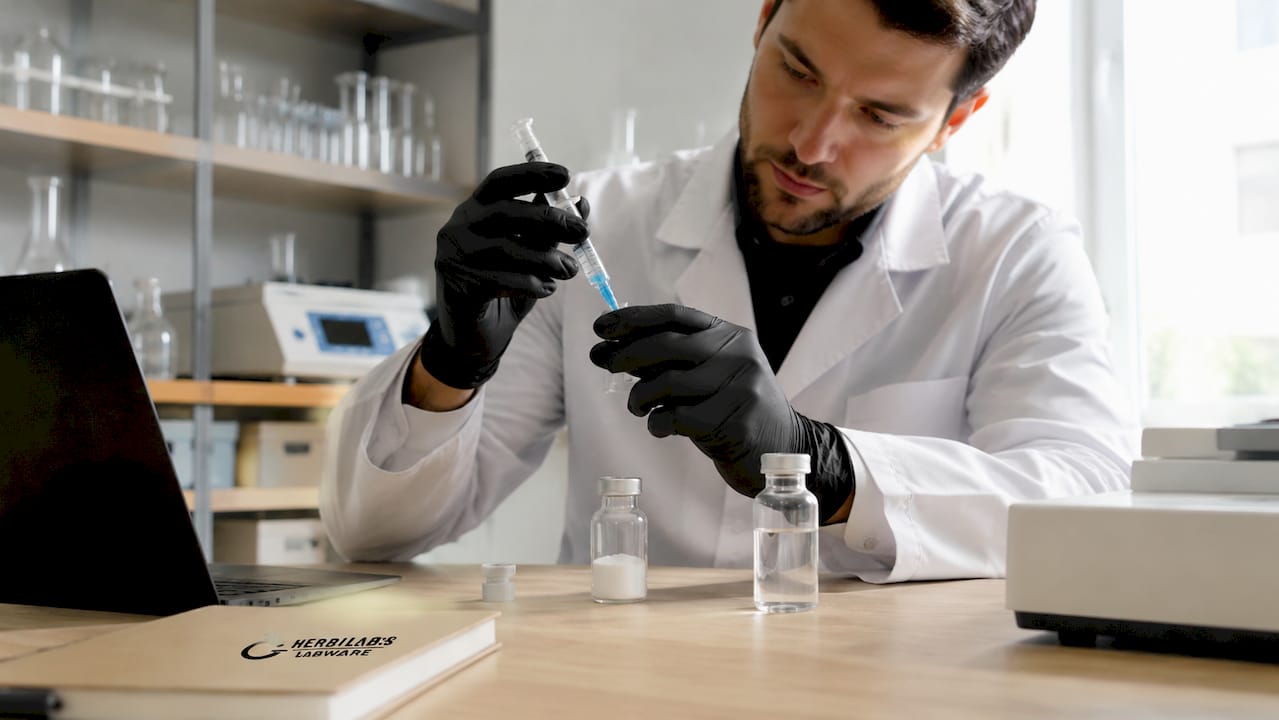 Un científico manipula cuidadosamente los reactivos para preparar una solución de péptidos.