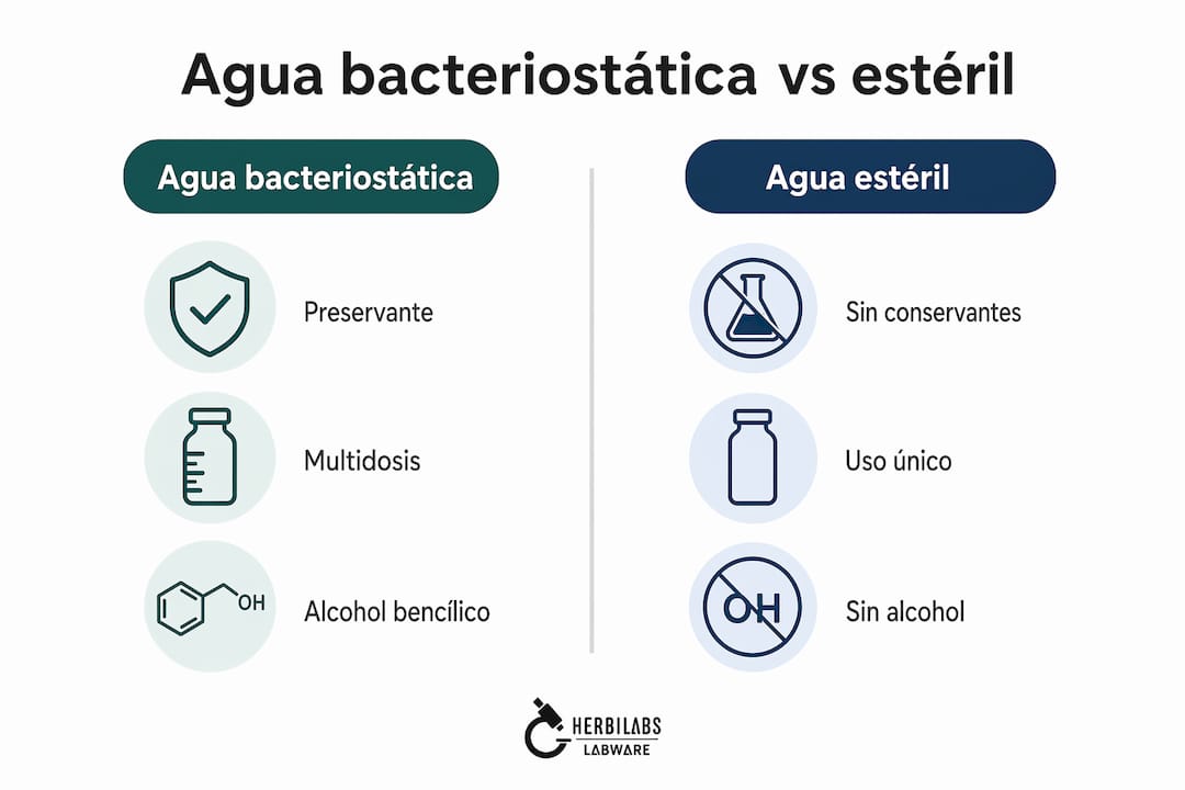 Infografía: diferencias clave entre agua bacteriostática y agua estéril para su uso como diluyentes