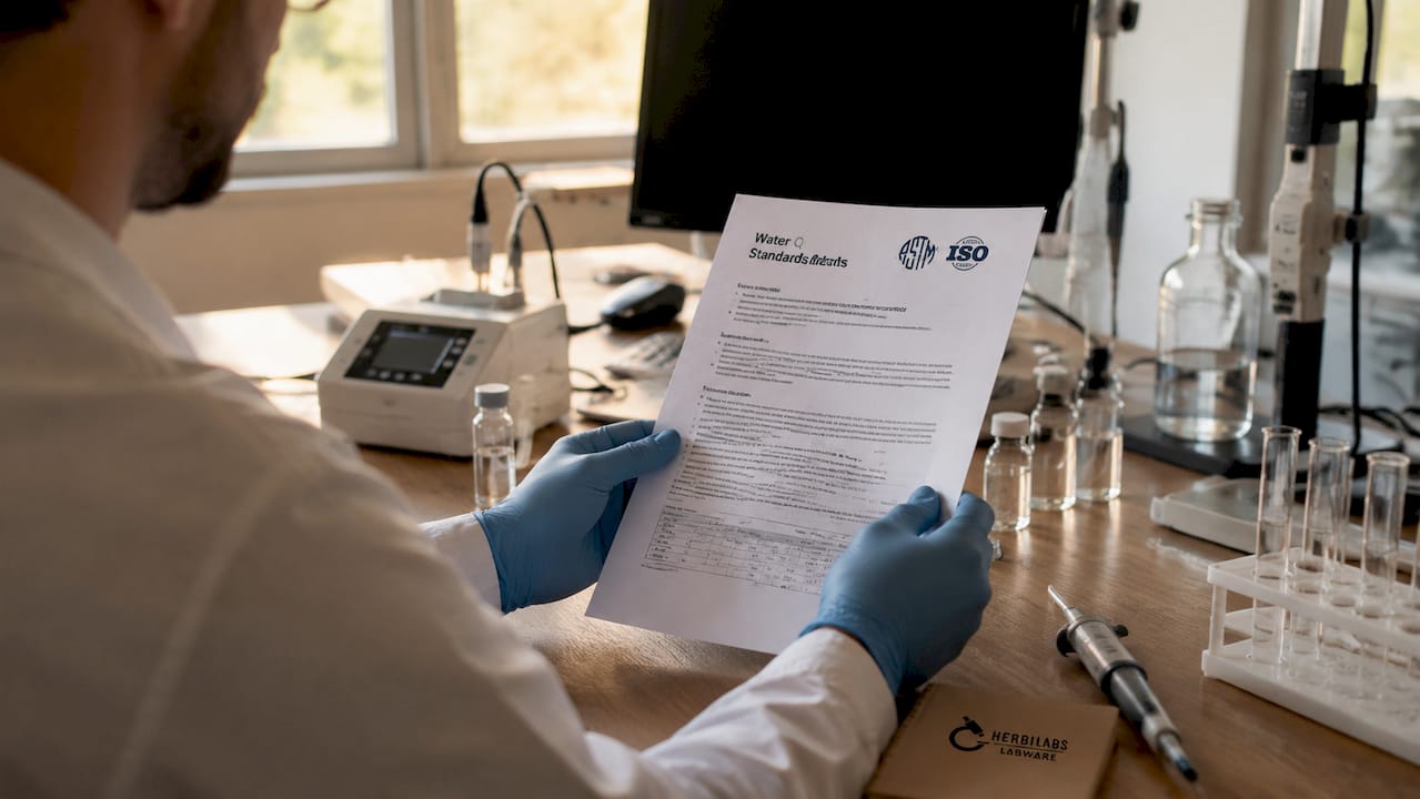 Hands holding water standards document with lab tools