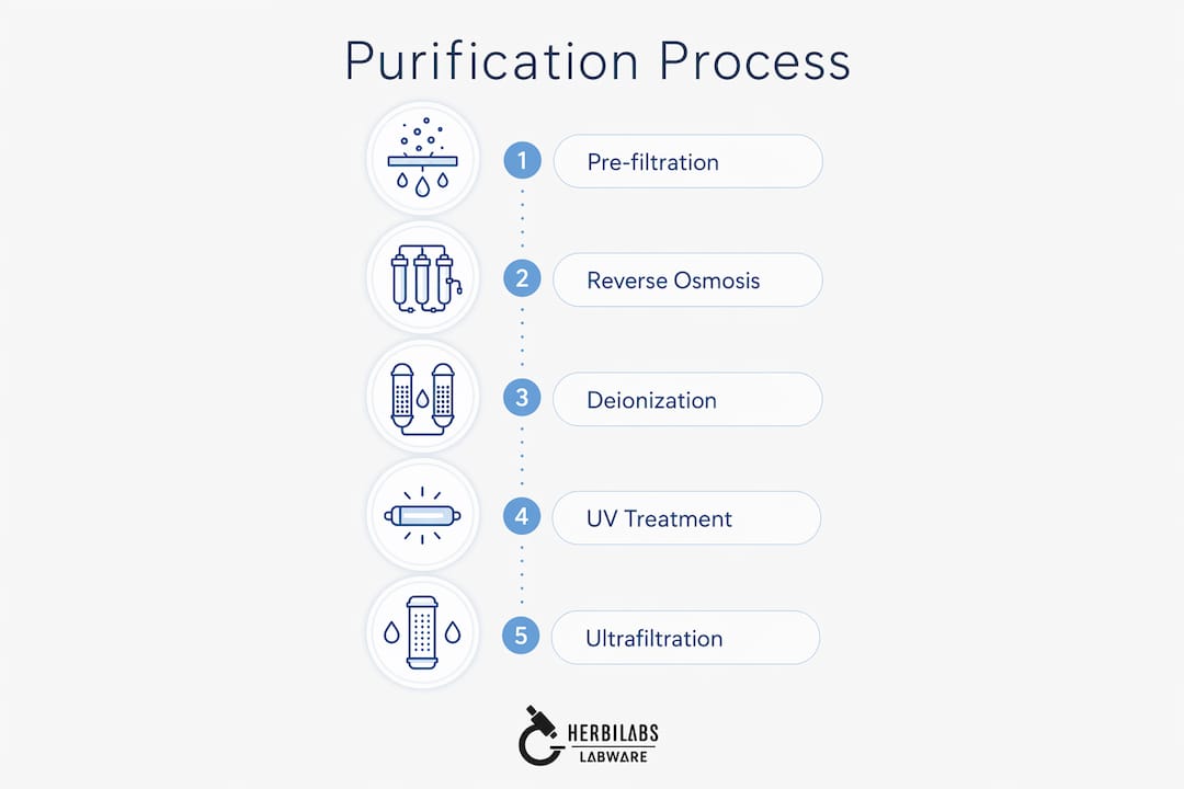Infographic illustrating ultrapure water purification stages