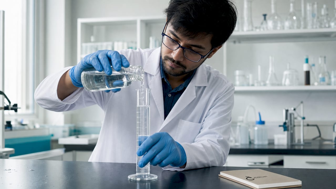 Hands pouring ultrapure water in lab