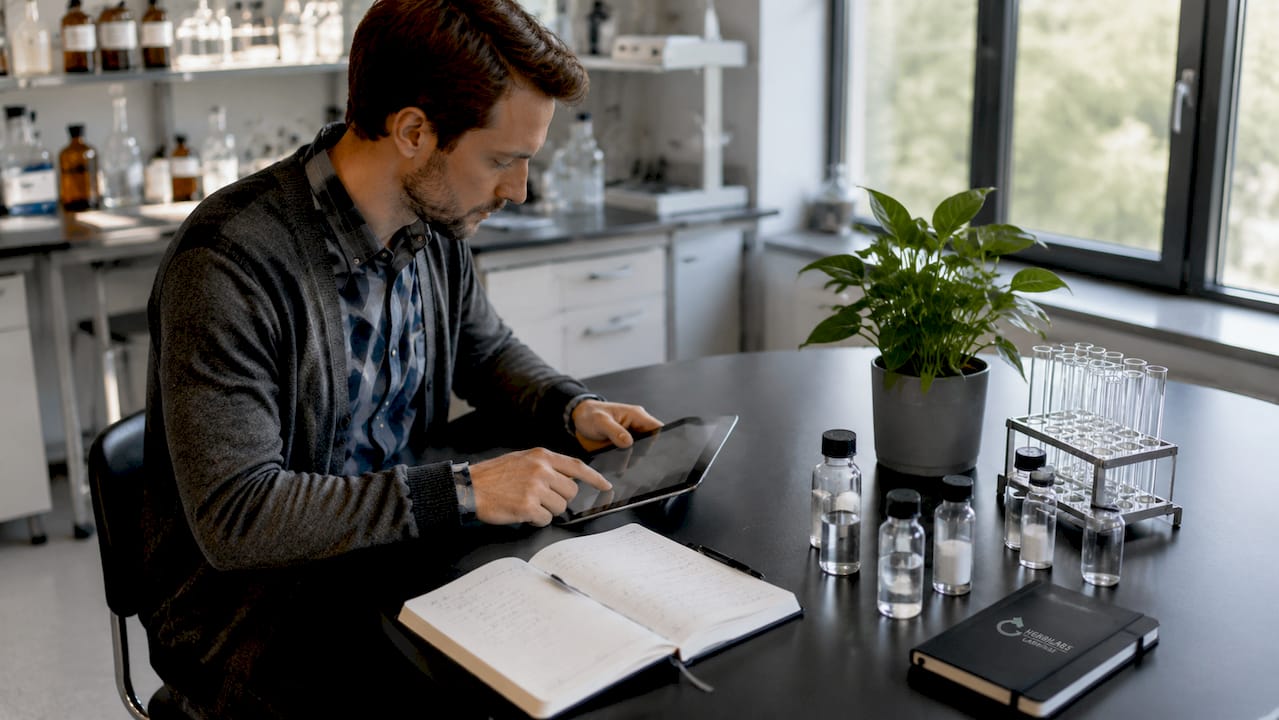 Detailaufnahme: Im Labor tragen Mitarbeiter per Hand Daten ins digitale Inventar ein.