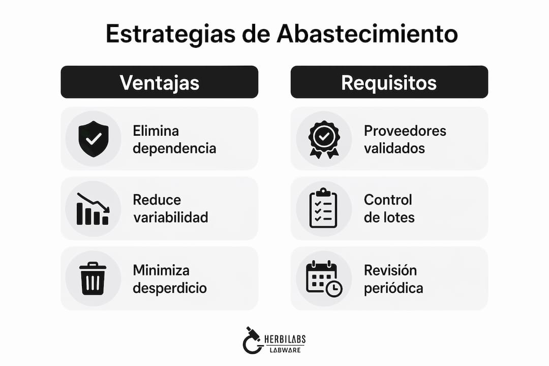 Infografía comparativa sobre métodos de abastecimiento en el laboratorio