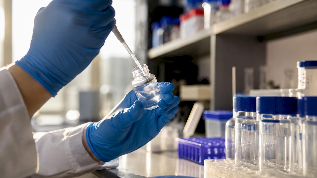 Lab technician handling reagent for quality control