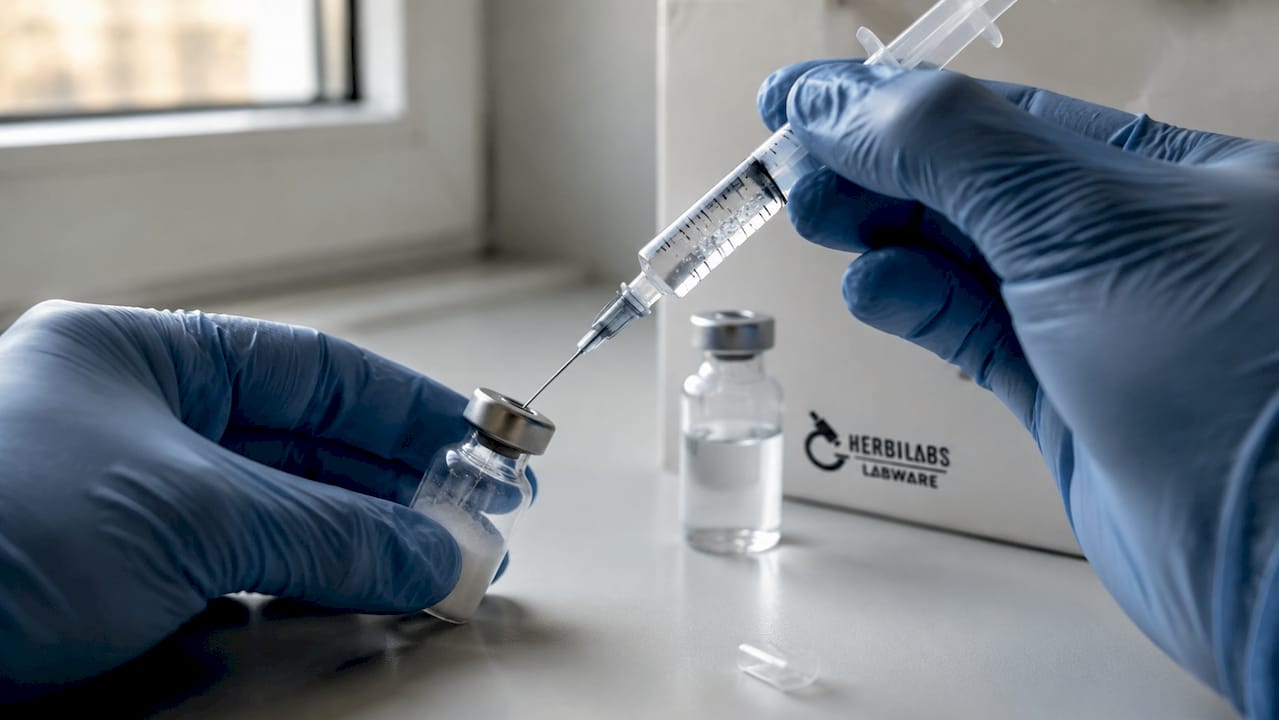 Close-up of syringe drawing solvent from vial