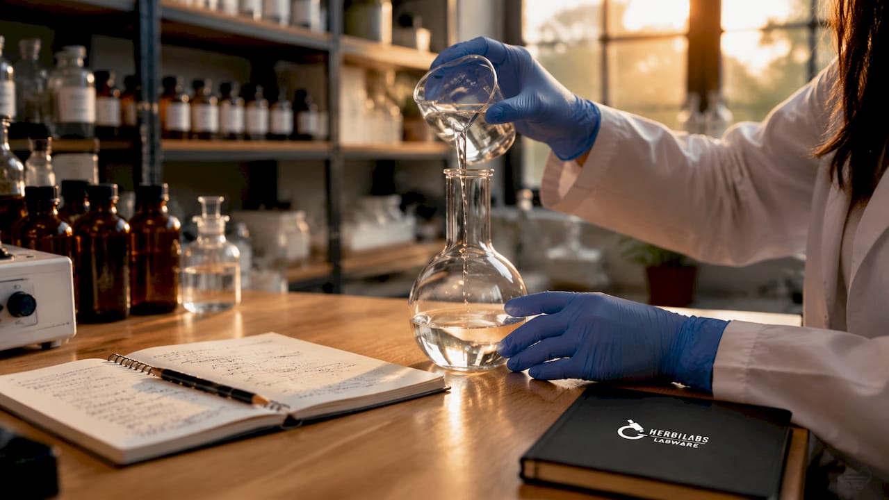 Manos preparando una dilución, añadiendo el disolvente poco a poco