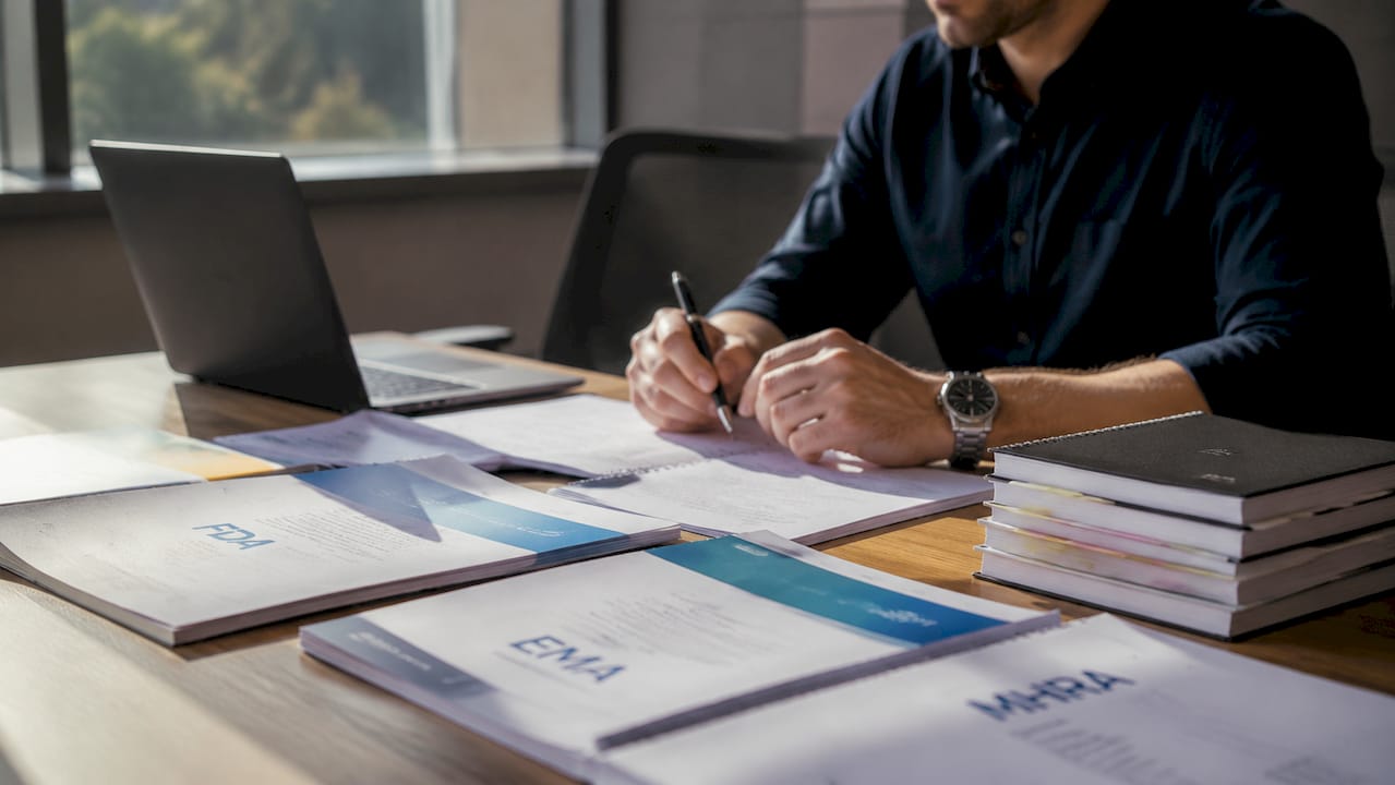 Hands reviewing regulatory guidelines documents