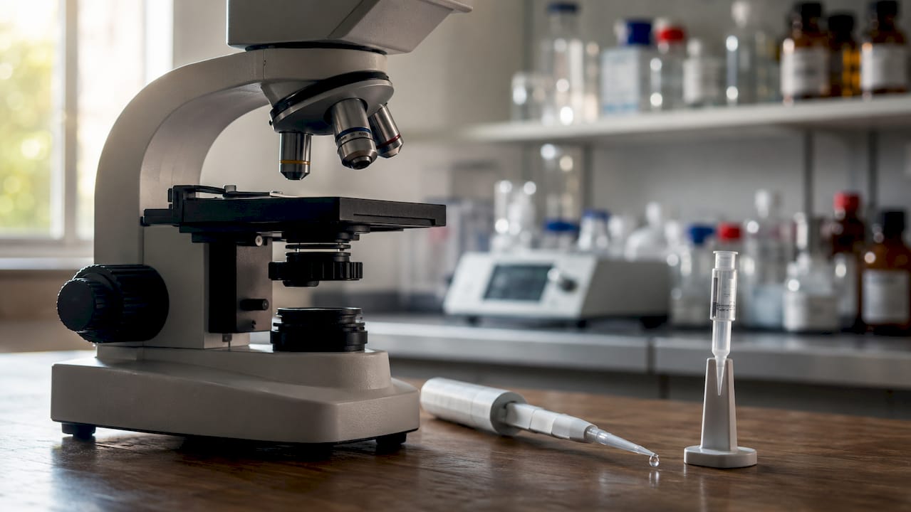 Detailaufnahme eines C18-StageTips und einer Pipette bei der Laborarbeit