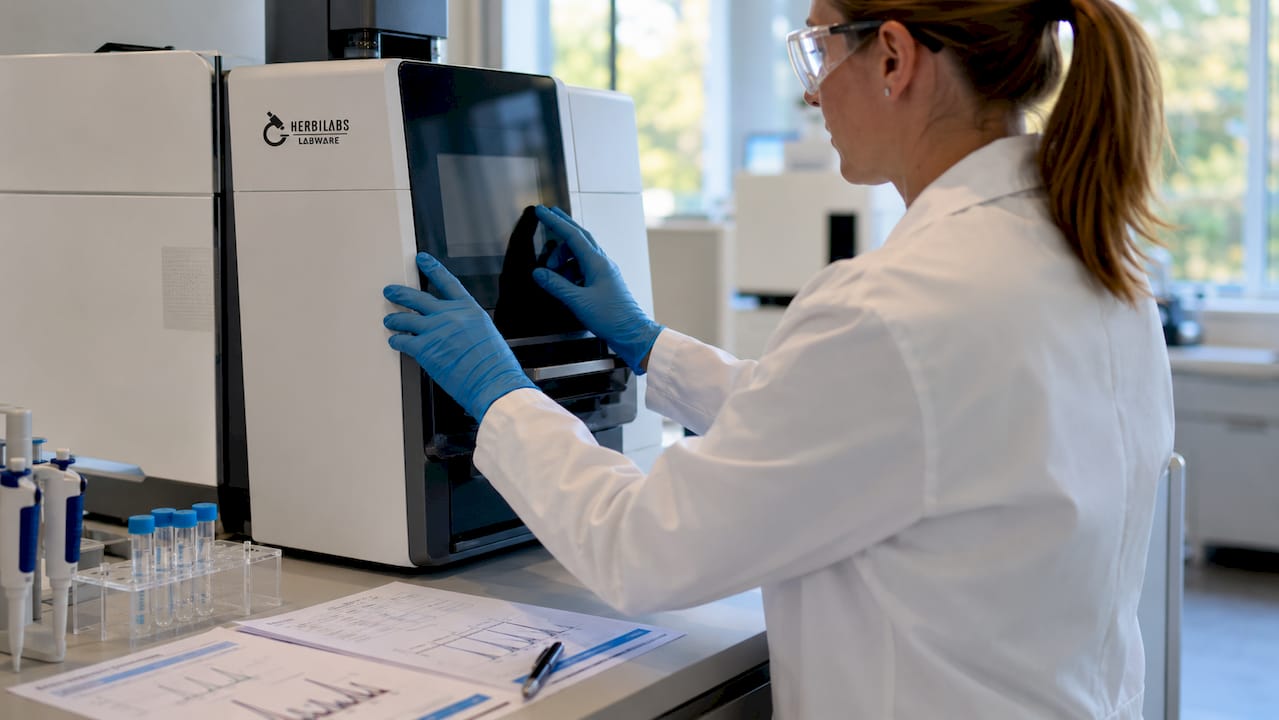 Hands operating mass spectrometry instrument