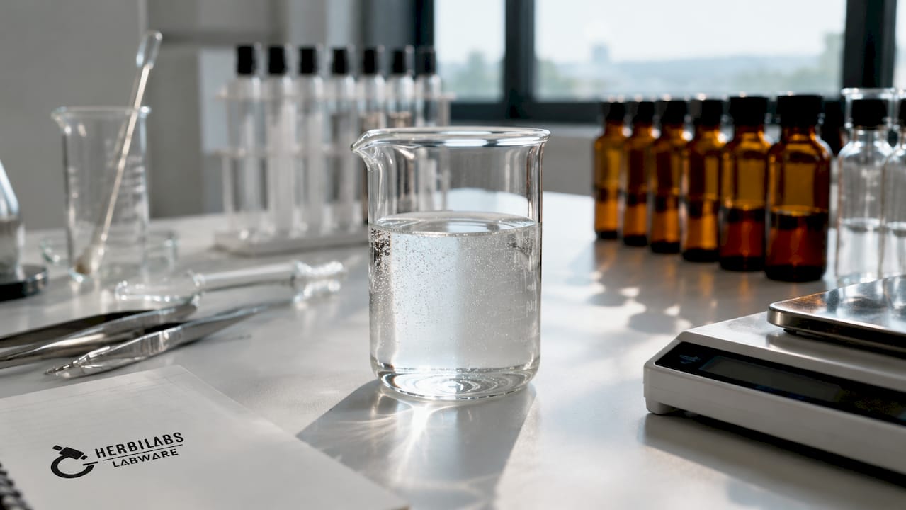 Gros plan sur un flacon d’eau bactériostatique entouré d’instruments de laboratoire.