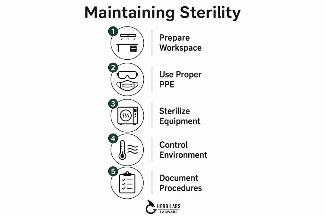 Infographic outlining five key steps to maintain sterility in labs