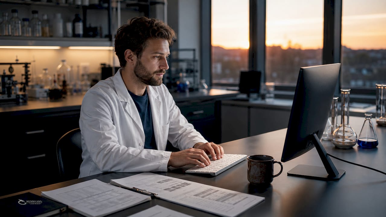 Hände tippen am Computerarbeitsplatz im Labor.