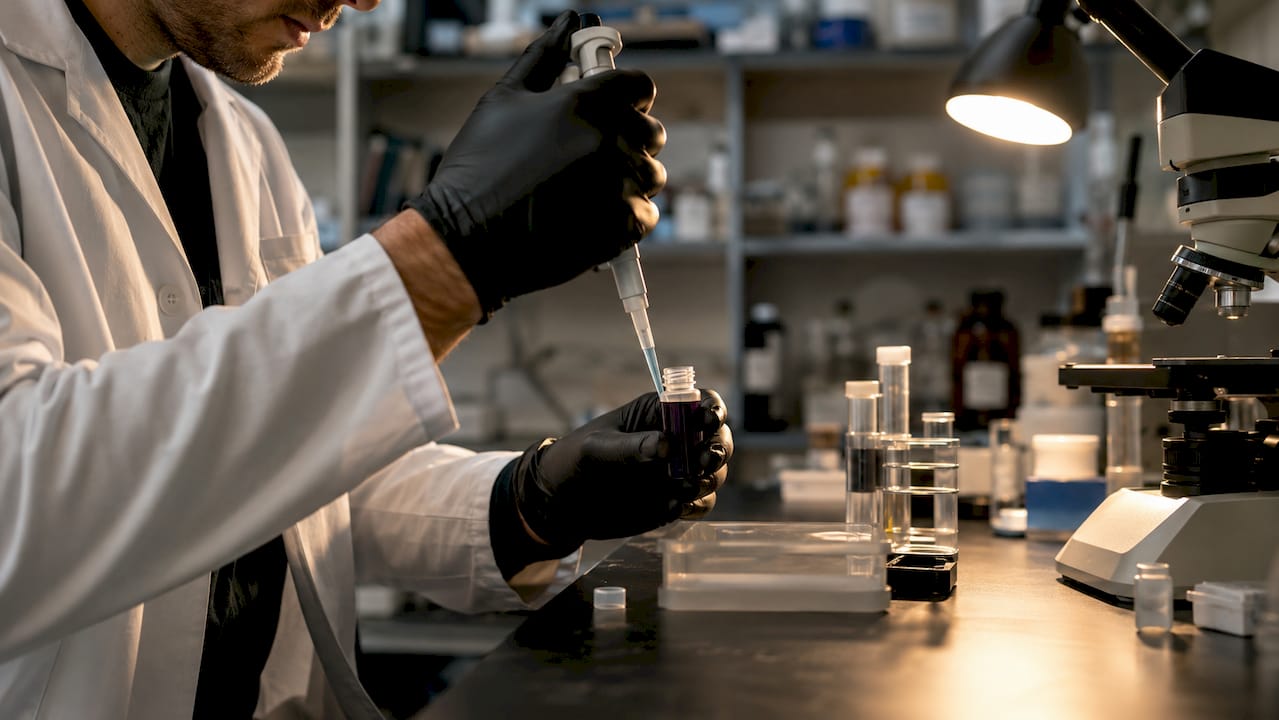Manos manipulando una micropipeta para preparar muestras en el laboratorio