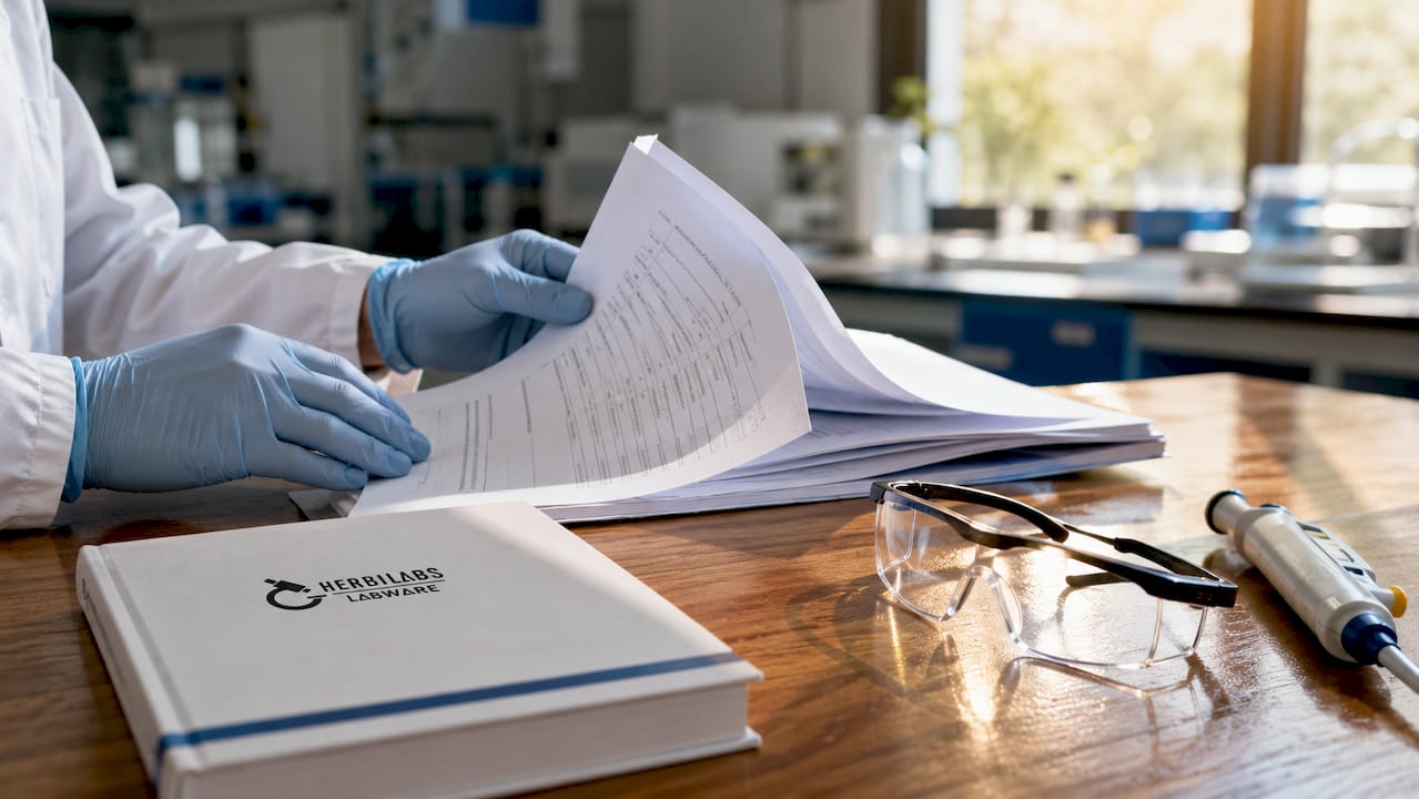 Hands reviewing lab chemical safety documents in lab