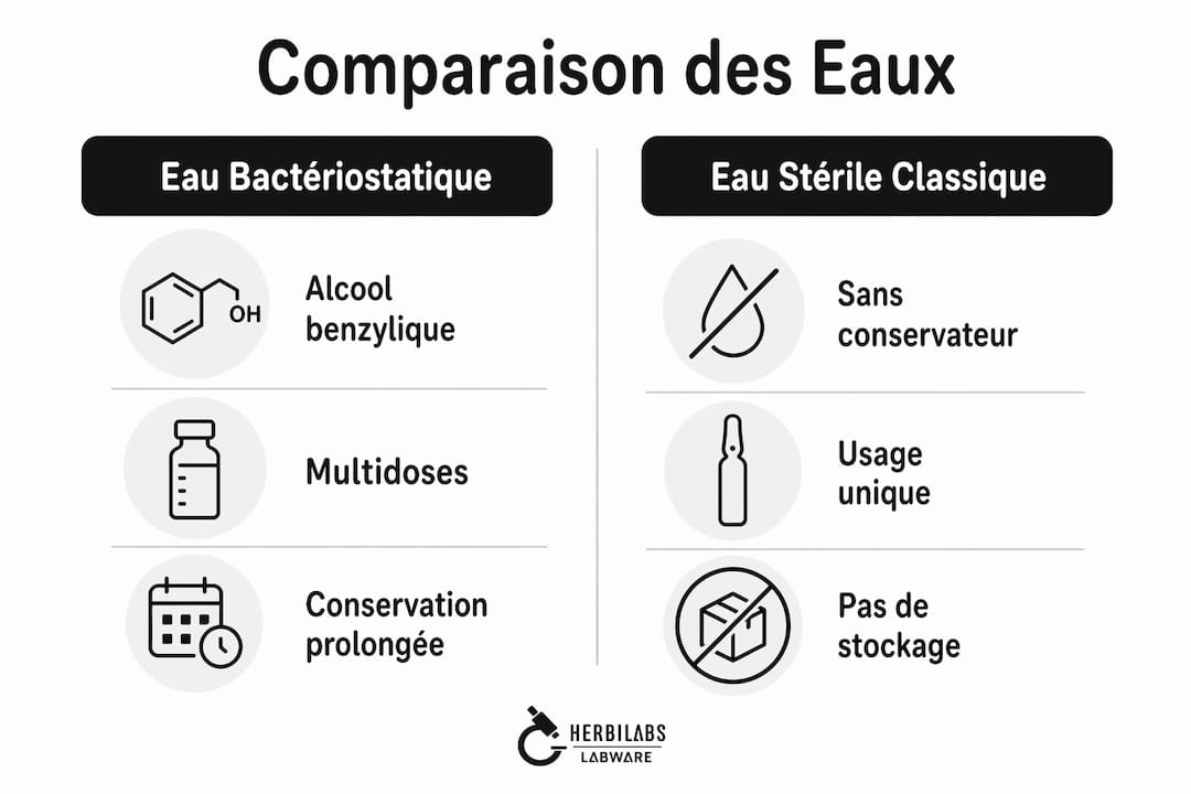 Comparatif visuel : quelles différences entre l’eau bactériostatique et l’eau stérile classique ?