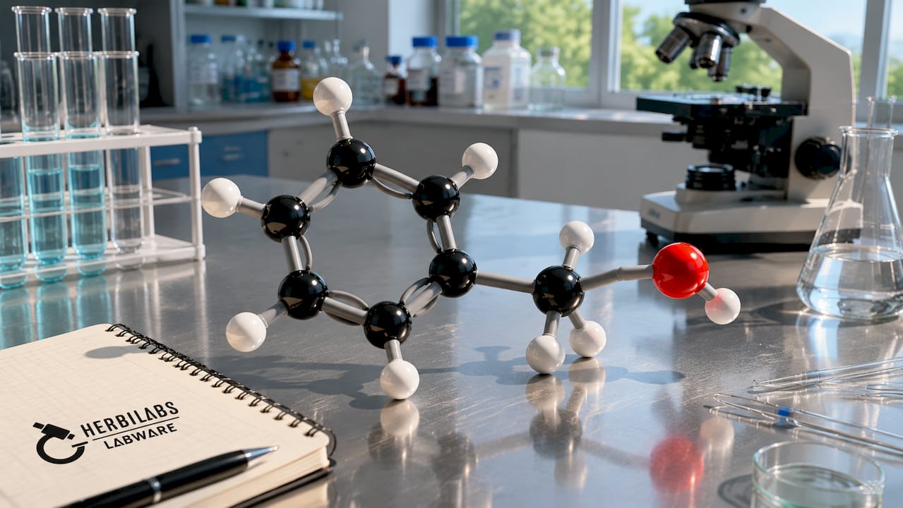 Maqueta molecular de alcohol bencílico sobre la mesa del laboratorio
