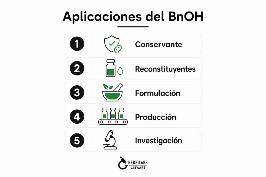 Infografía sobre los principales usos del alcohol bencílico en la industria farmacéutica
