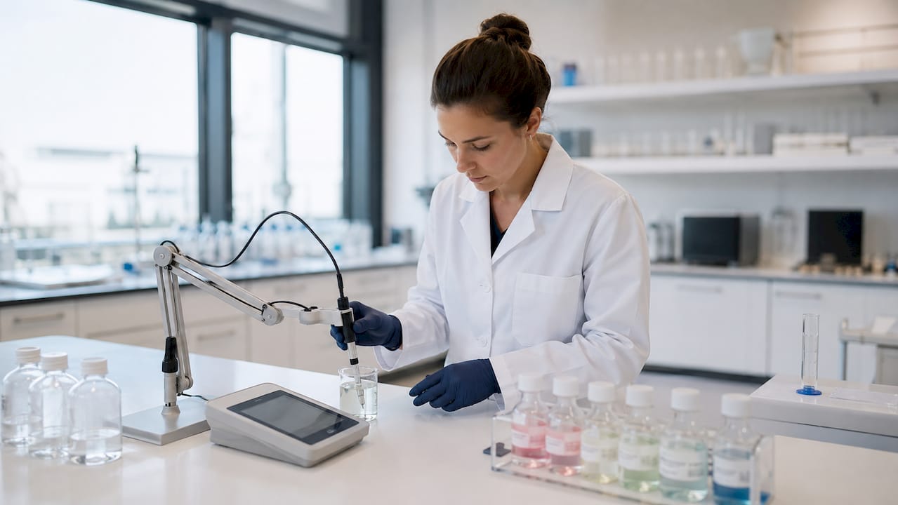 Close-up of hands measuring buffer pH