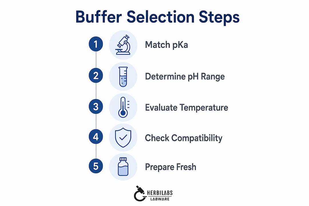 Infographic showing practical steps for buffer selection and preparation