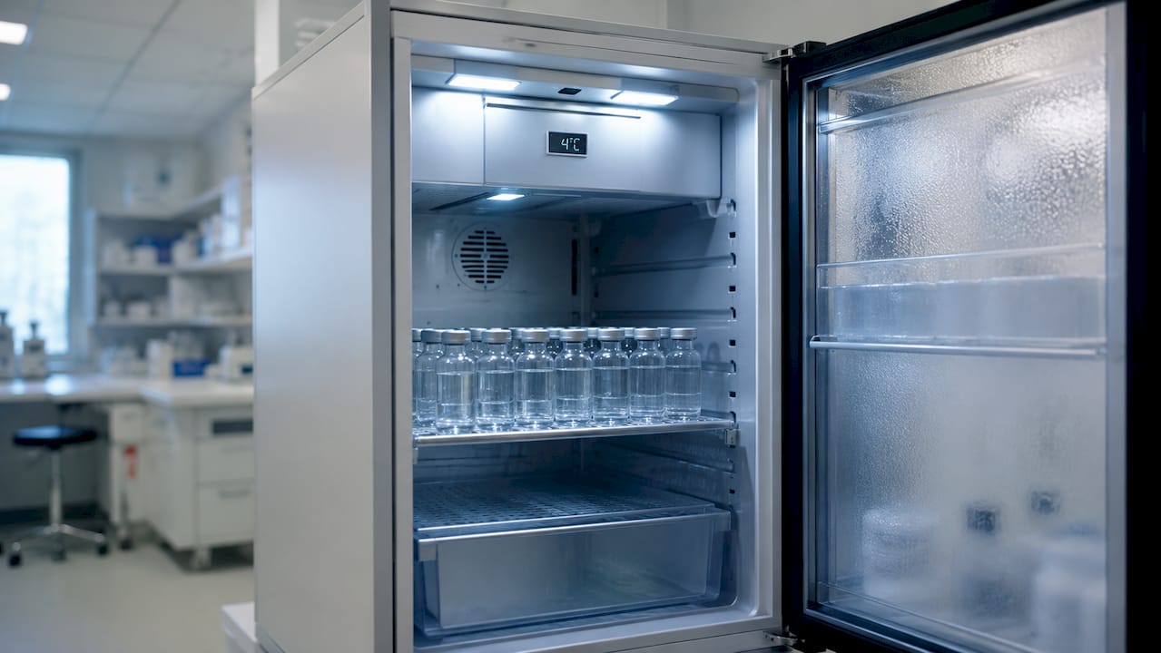 Vial of bacteriostatic water stored in lab refrigerator