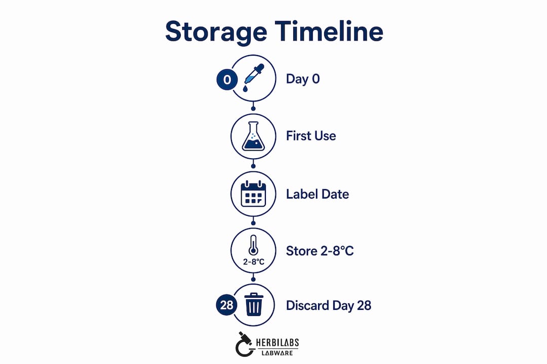 Infographic illustrating bacteriostatic water storage timeline