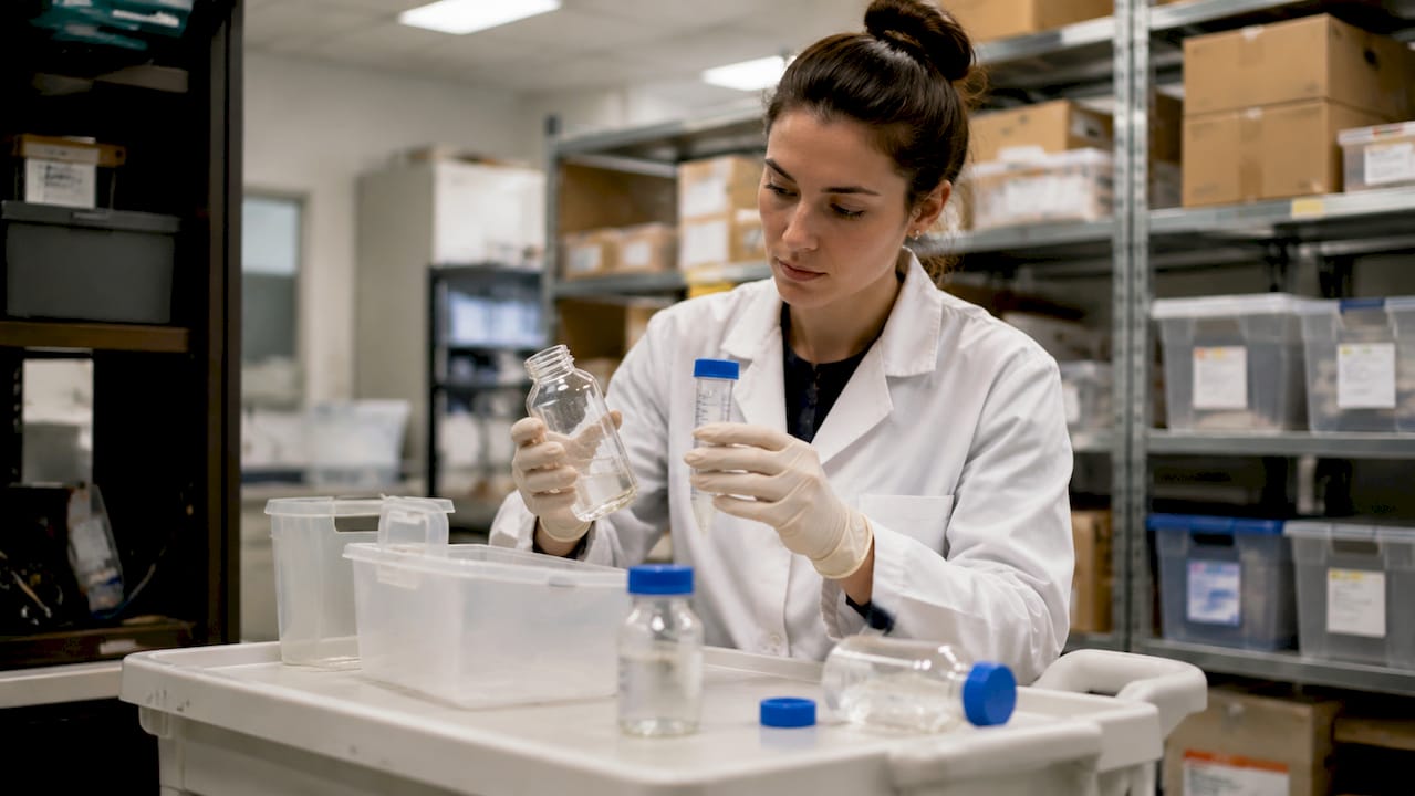 Des mains manipulent différents équipements de laboratoire dans une chambre froide.