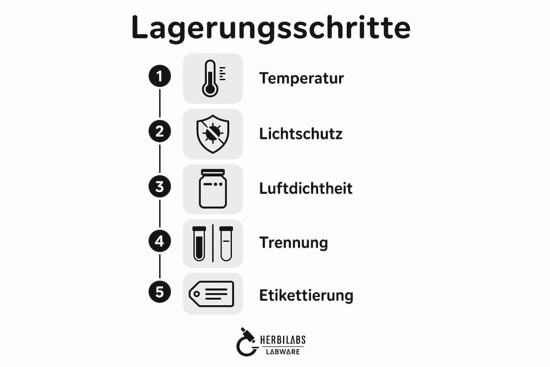 Infografik: Schritt-für-Schritt-Anleitung zur fachgerechten Aufbewahrung von Forschungslösungen