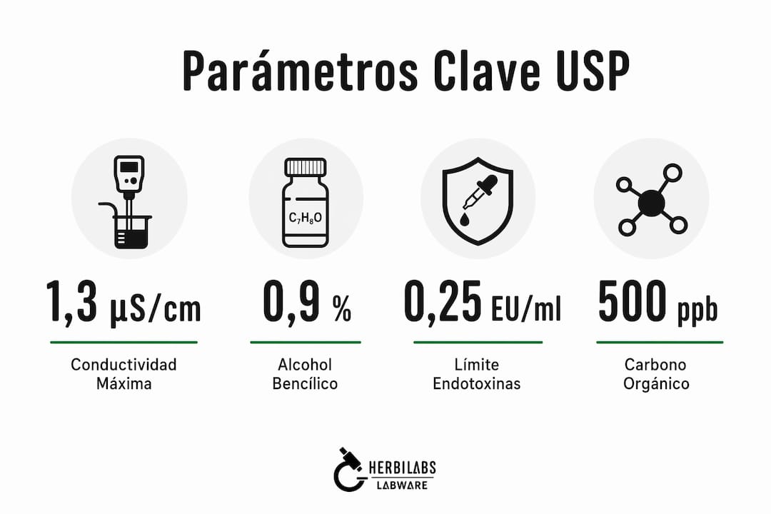 Infografía con los principales parámetros del agua bacteriostática USP