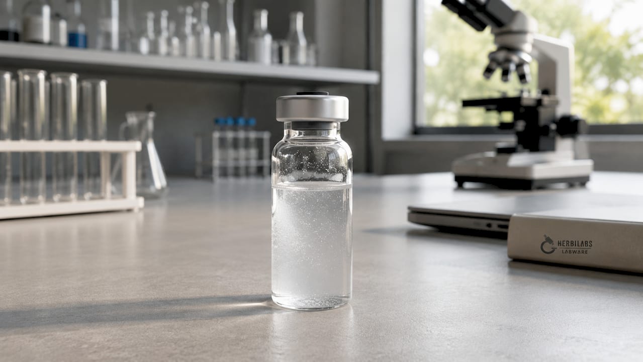 Cloudy vial showing contamination particles
