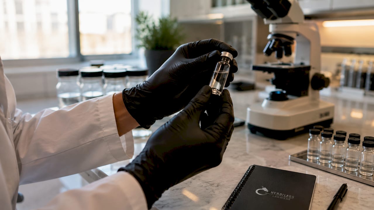 Unas manos enguantadas manipulan con precisión un vial de péptidos.