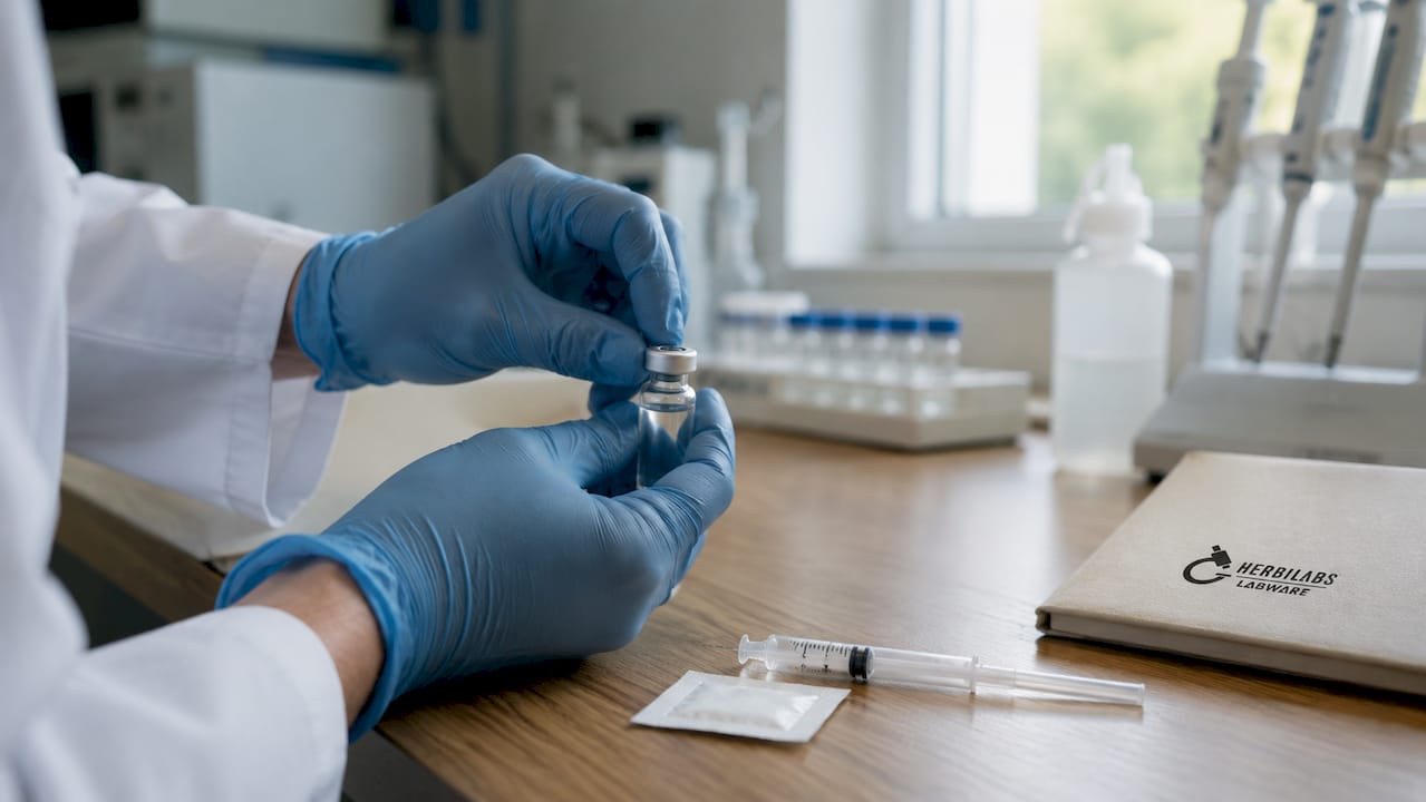 Gloved hands handling multi-dose bacteriostatic vial in lab