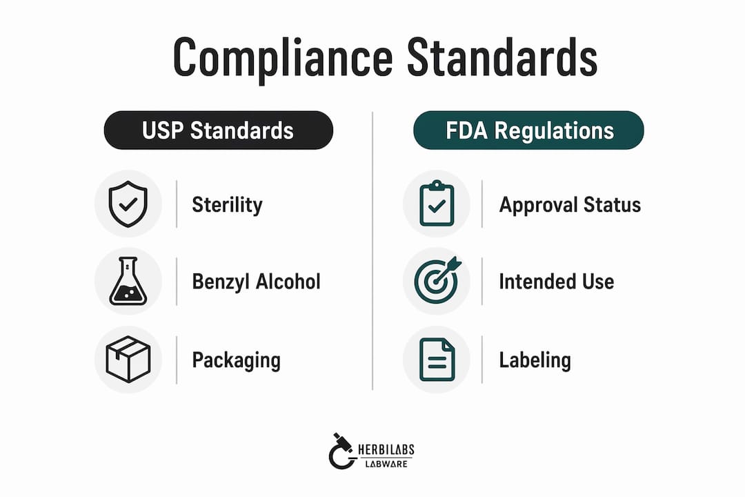 Infographic comparing USP standards and FDA regulations for bacteriostatic water