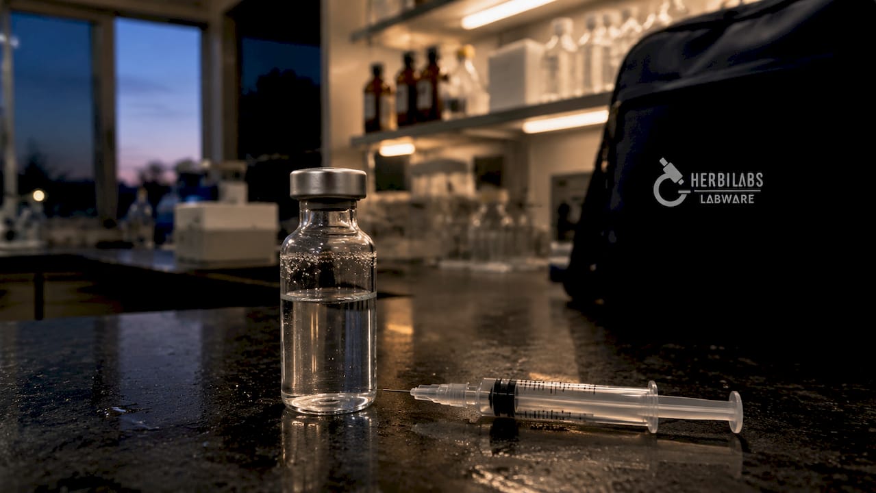 Close-up of benzyl alcohol water vial on lab bench