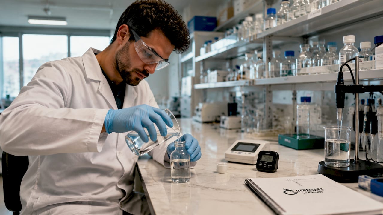 Gros plan sur des mains manipulant une pipette pour préparer une solution de peptides.