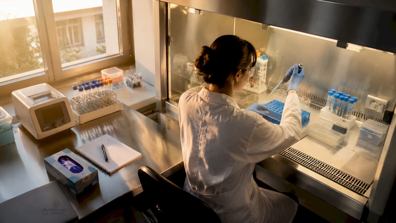 Unter strengen Sicherheitsvorkehrungen stellt eine Wissenschaftlerin eine Peptidprobe her.