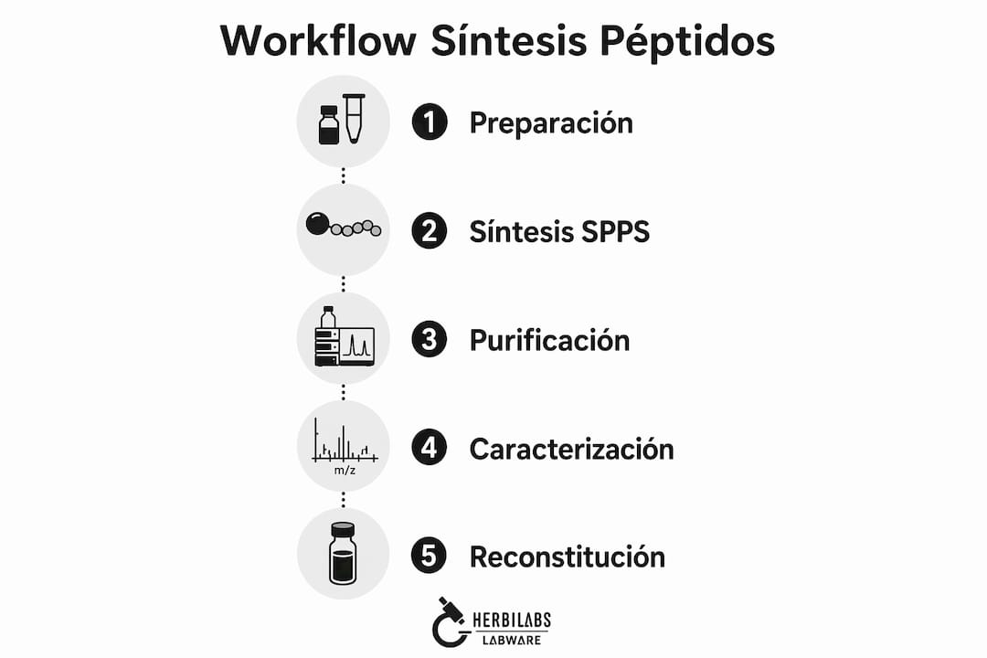 Infografía con las etapas clave del proceso de síntesis de péptidos
