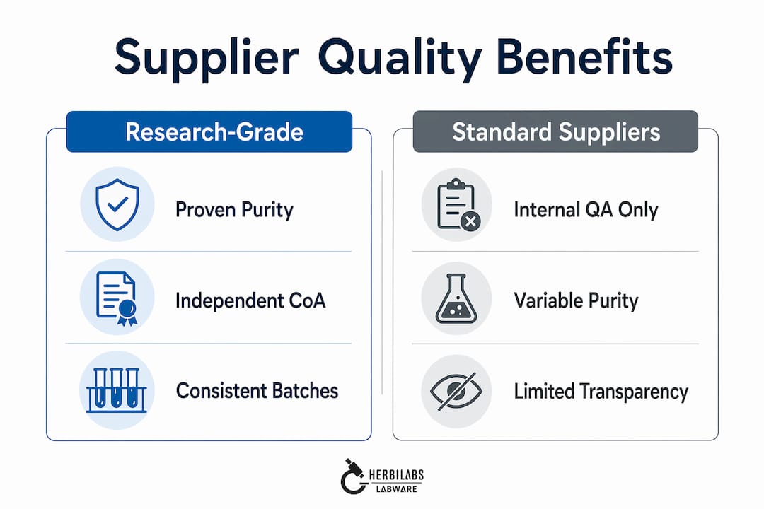Infographic comparing research-grade and standard suppliers