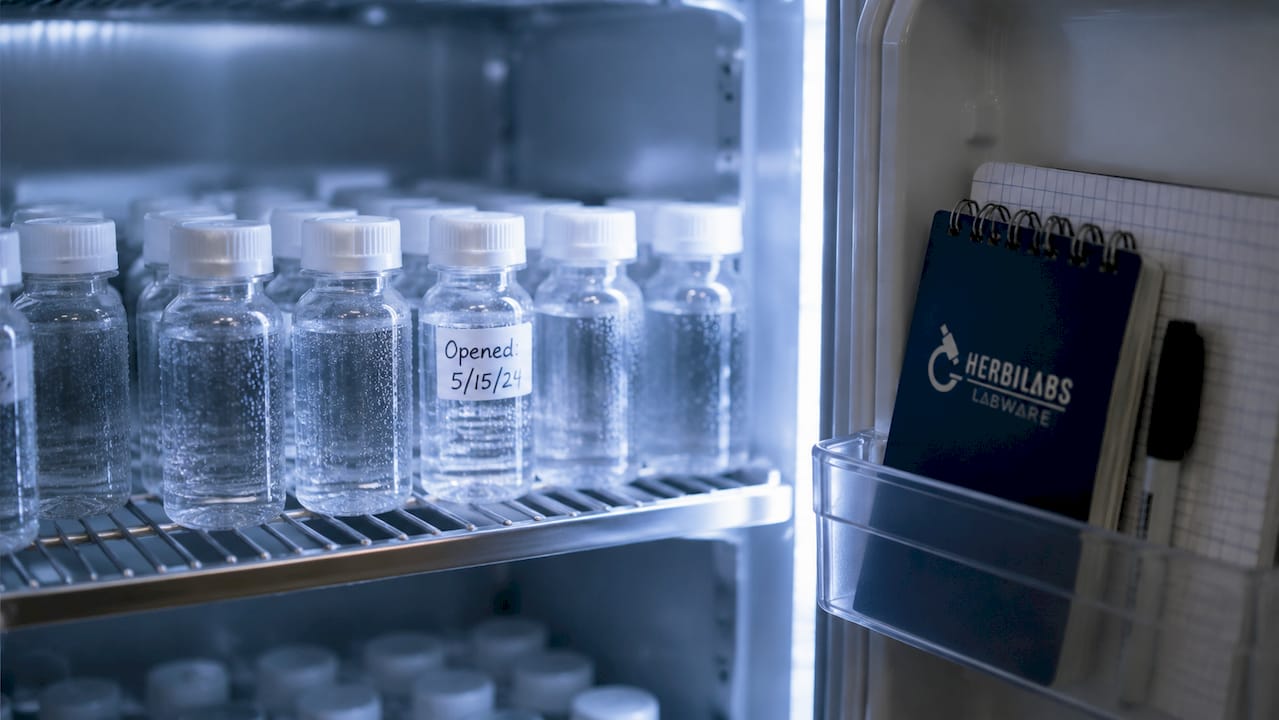 Close-up of refrigerated bacteriostatic water vials with labels