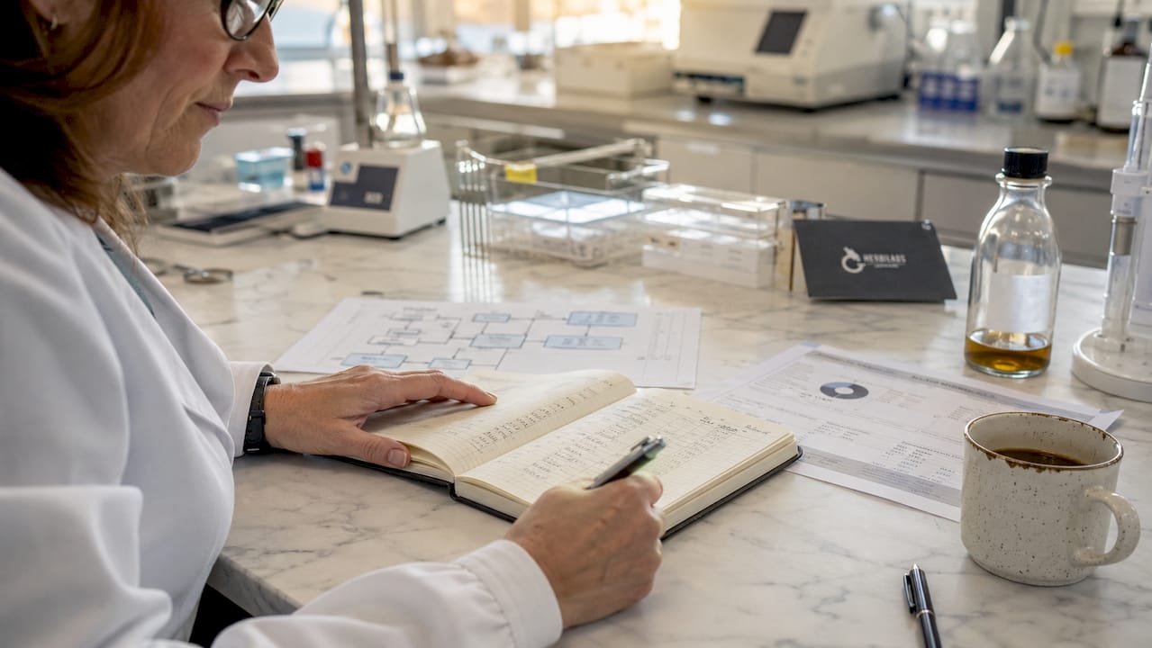 Des mains contrôlent les informations du lot sur le certificat d'analyse.
