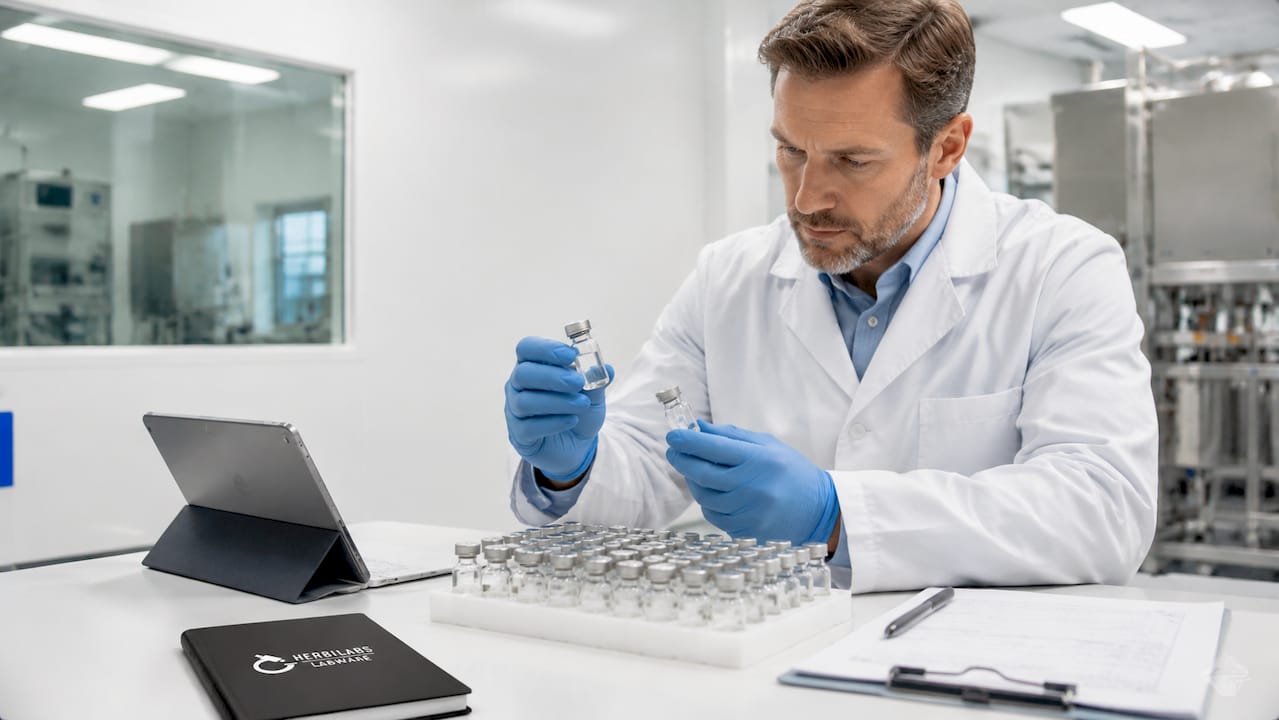 Hands inspecting clinical-grade vials in pharmaceutical cleanroom