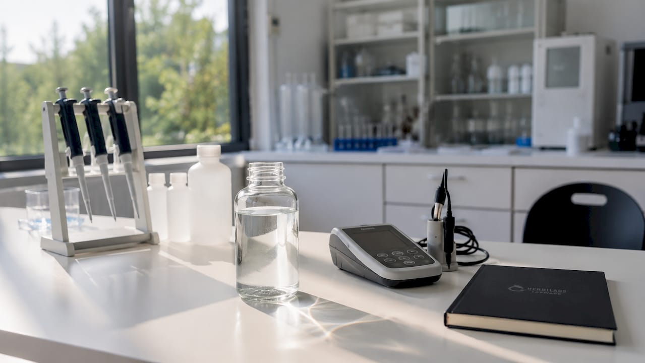 Vista del área de trabajo en el laboratorio, con agua ultrapura y equipos de análisis.