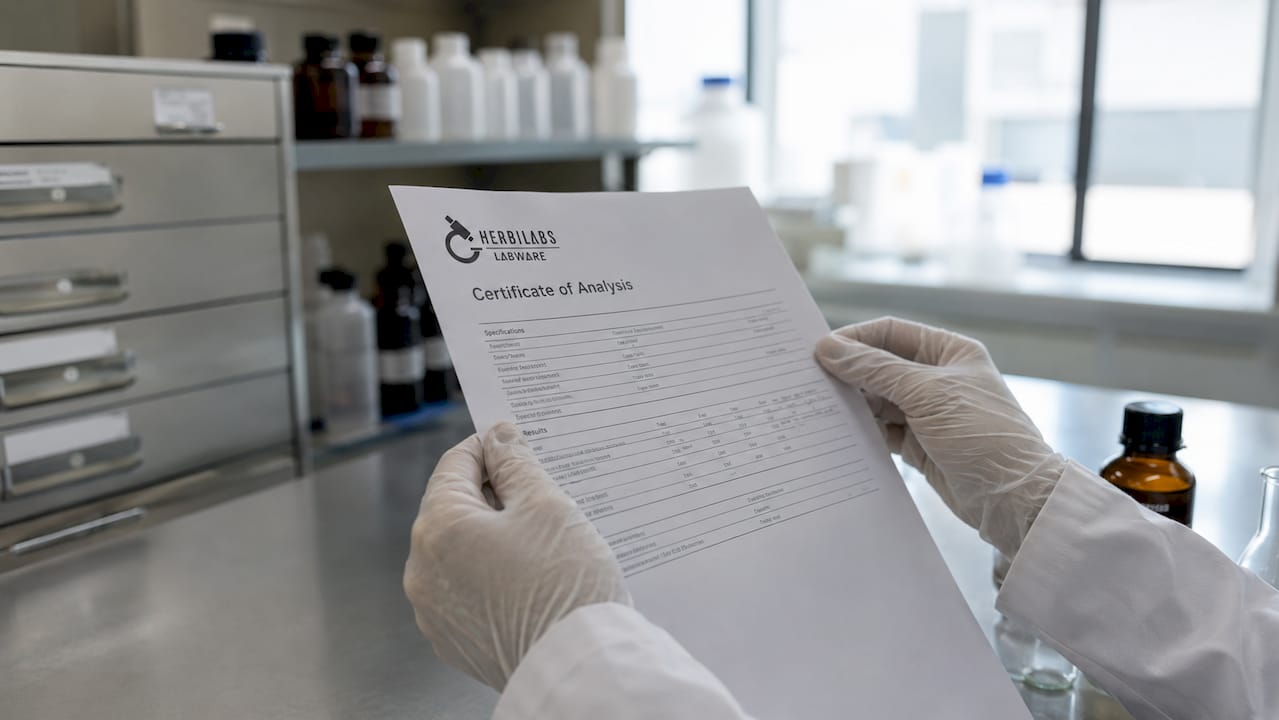 Hands holding reagent quality certificate