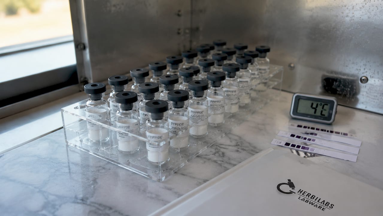 Des flacons de peptides conservés au réfrigérateur du laboratoire