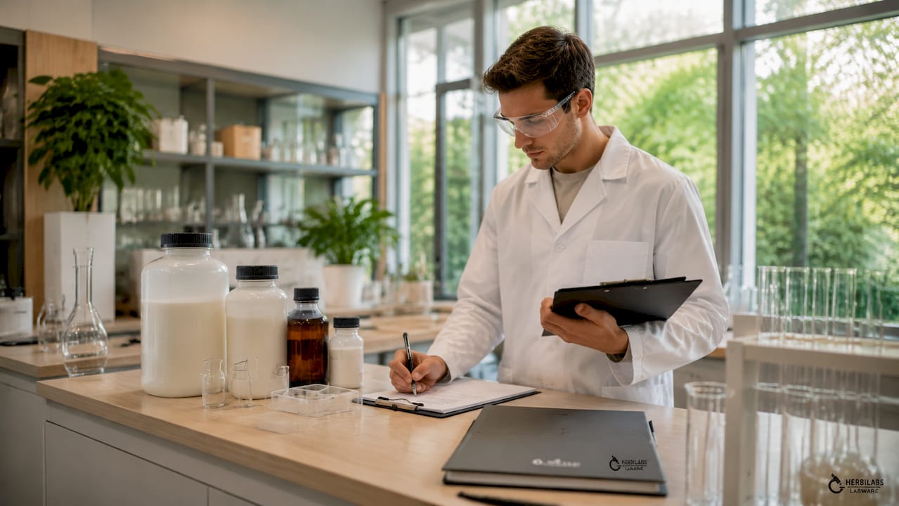 Eine Labormitarbeiterin führt eine Gefährdungsbeurteilung durch.