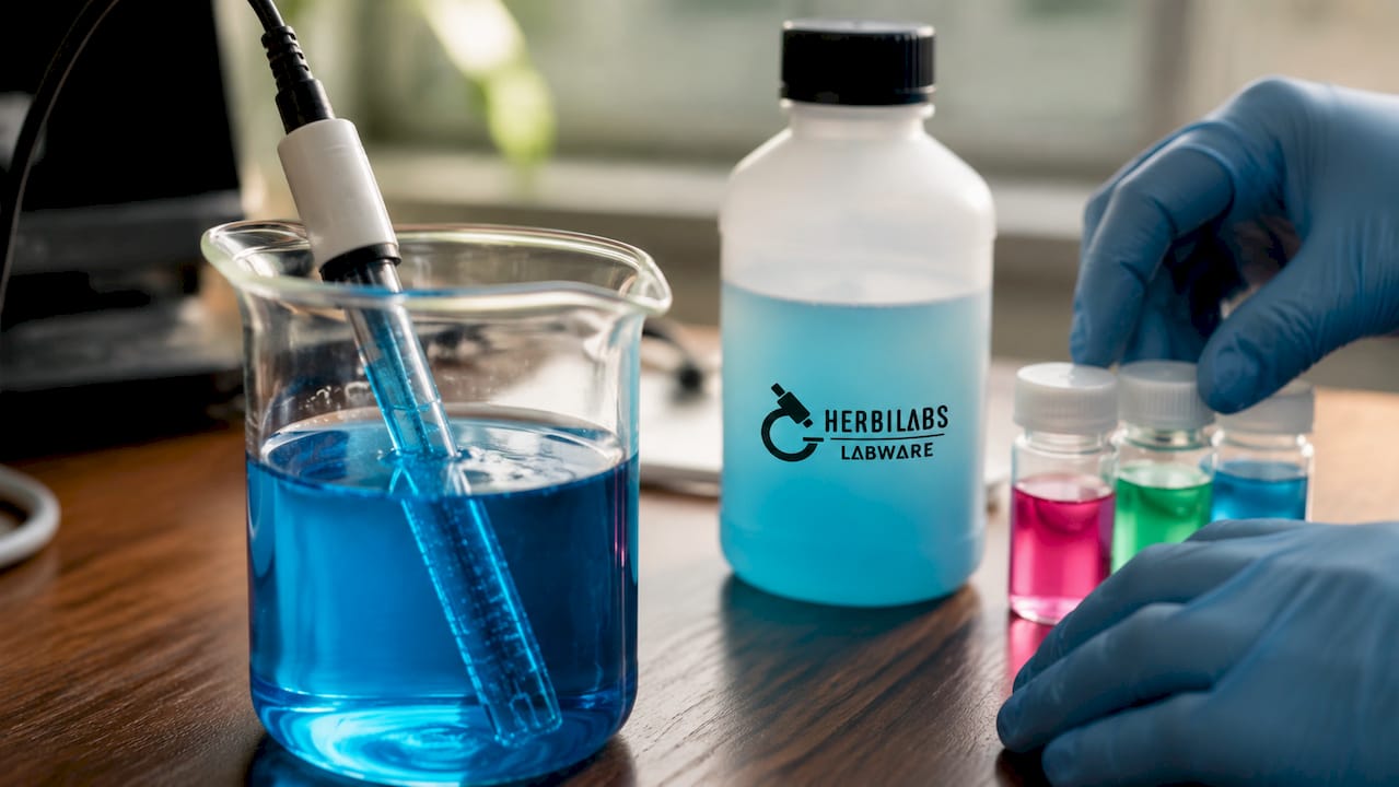 Close-up of pH meter probe in buffer solution