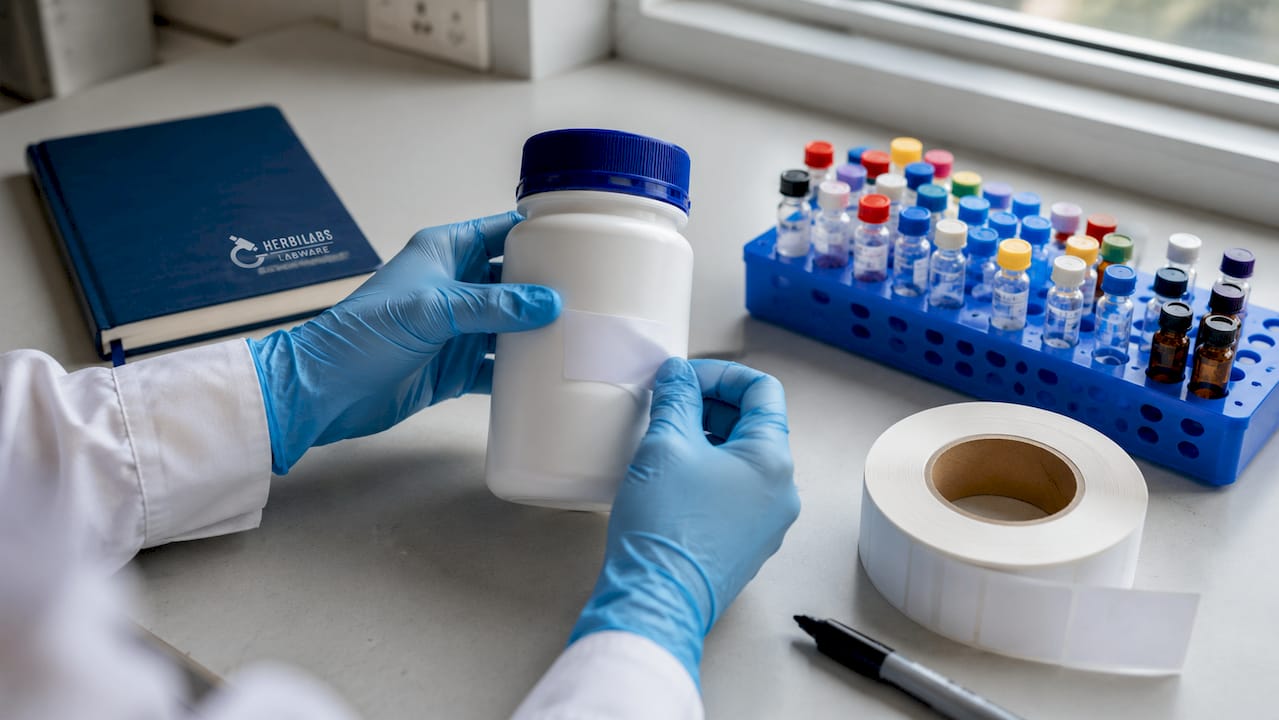 Hands labeling reagent container on lab bench.