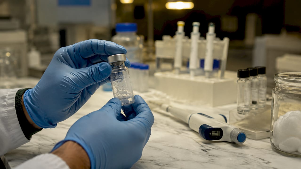 Unas manos manipulan un frasco de agua bacteriostática en el laboratorio.