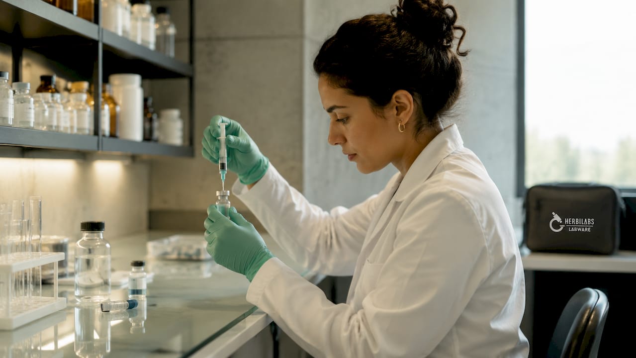 Des mains protégées par des gants manipulent avec précaution une solution peptidique stérile.